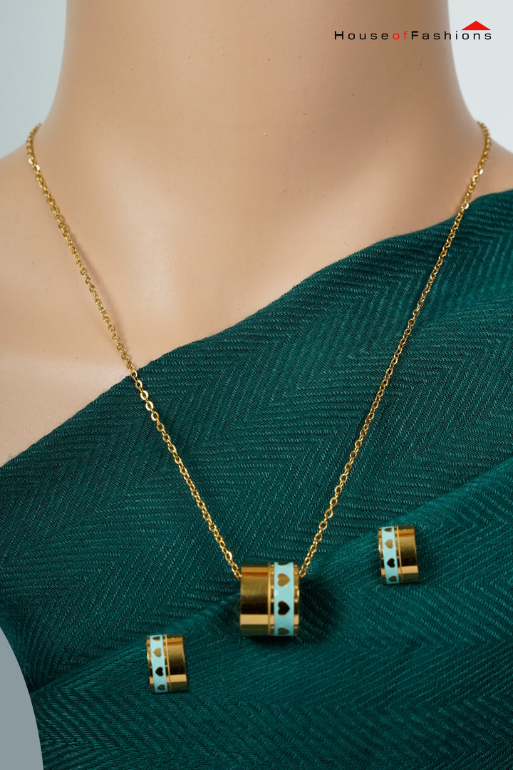 Gold Heart Cutout Barrel Pendant Set (Blue Enamel Accents)