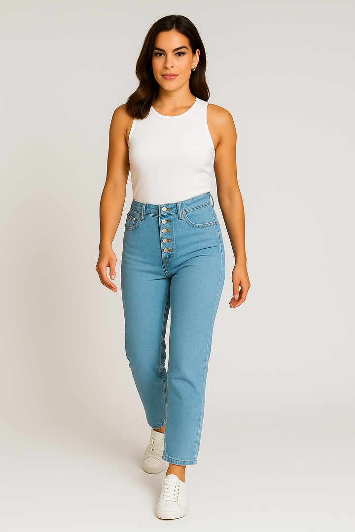 Light Blue High-Waist Button Fly Straight Jeans