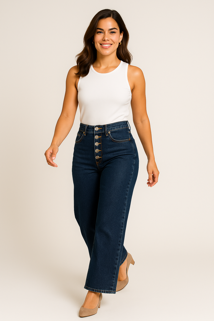 Dark Blue High-Waist Button-Fly Jeans