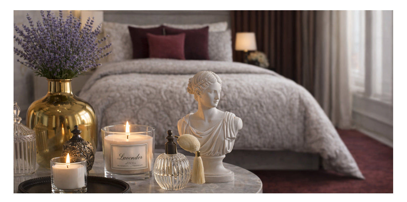 Neutral bedroom with padded bedsheet, bedside lamp, candles and decorative accents.