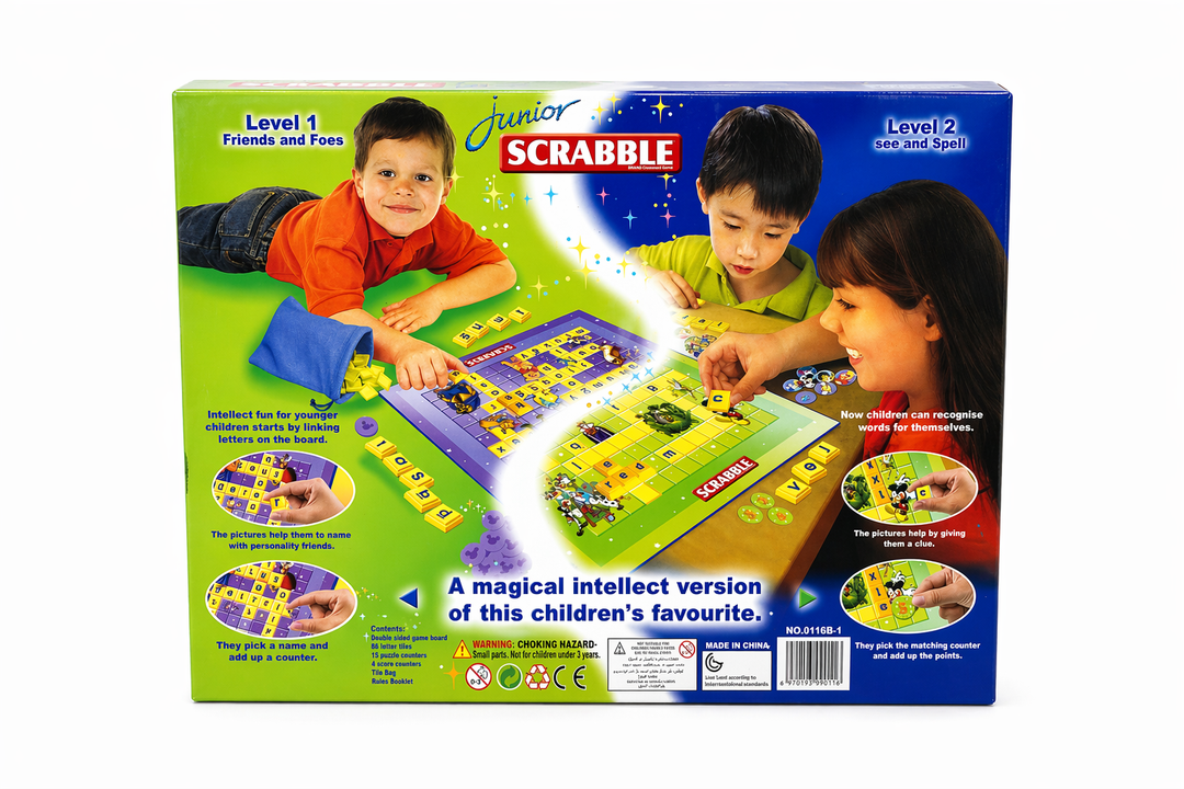 Scrabble Junior game box with images of children playing on a white background