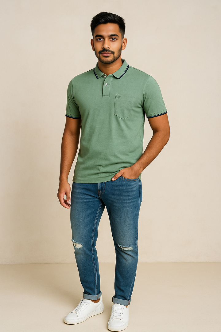 Sage Green Polo Shirt with Navy Trim