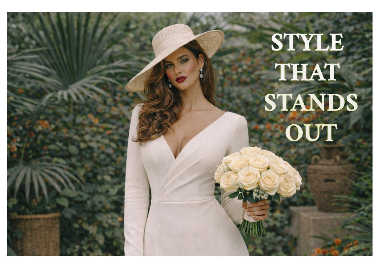 Woman in a white dress and hat holding flowers with text 'STYLE THAT STANDS OUT' against a natural background.